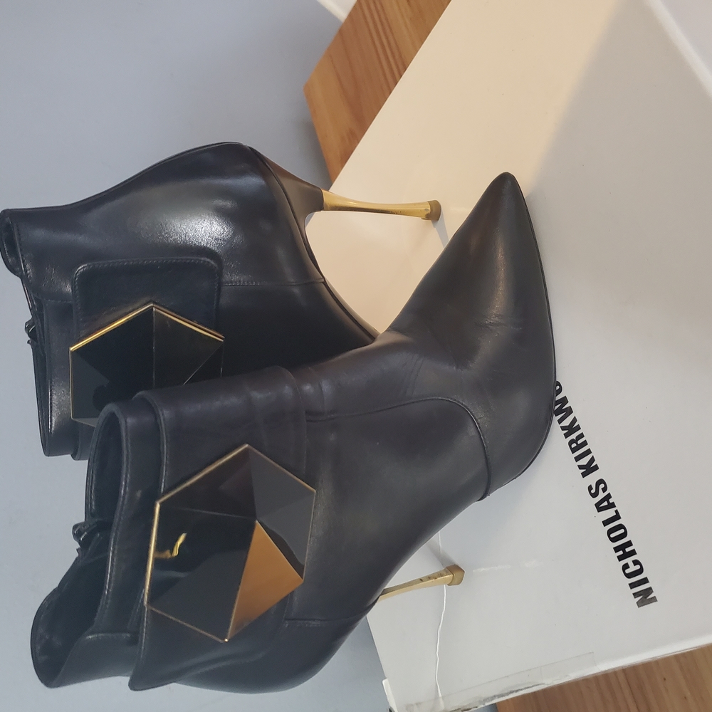 Nicholas Kirkwood Black Ankle Boots with Gold Accents